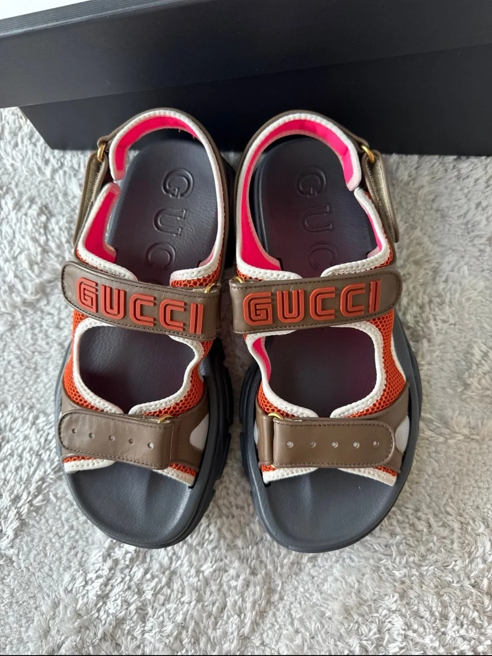 Gucci Brown, Orange & Black Leather Mesh Sport Sandals